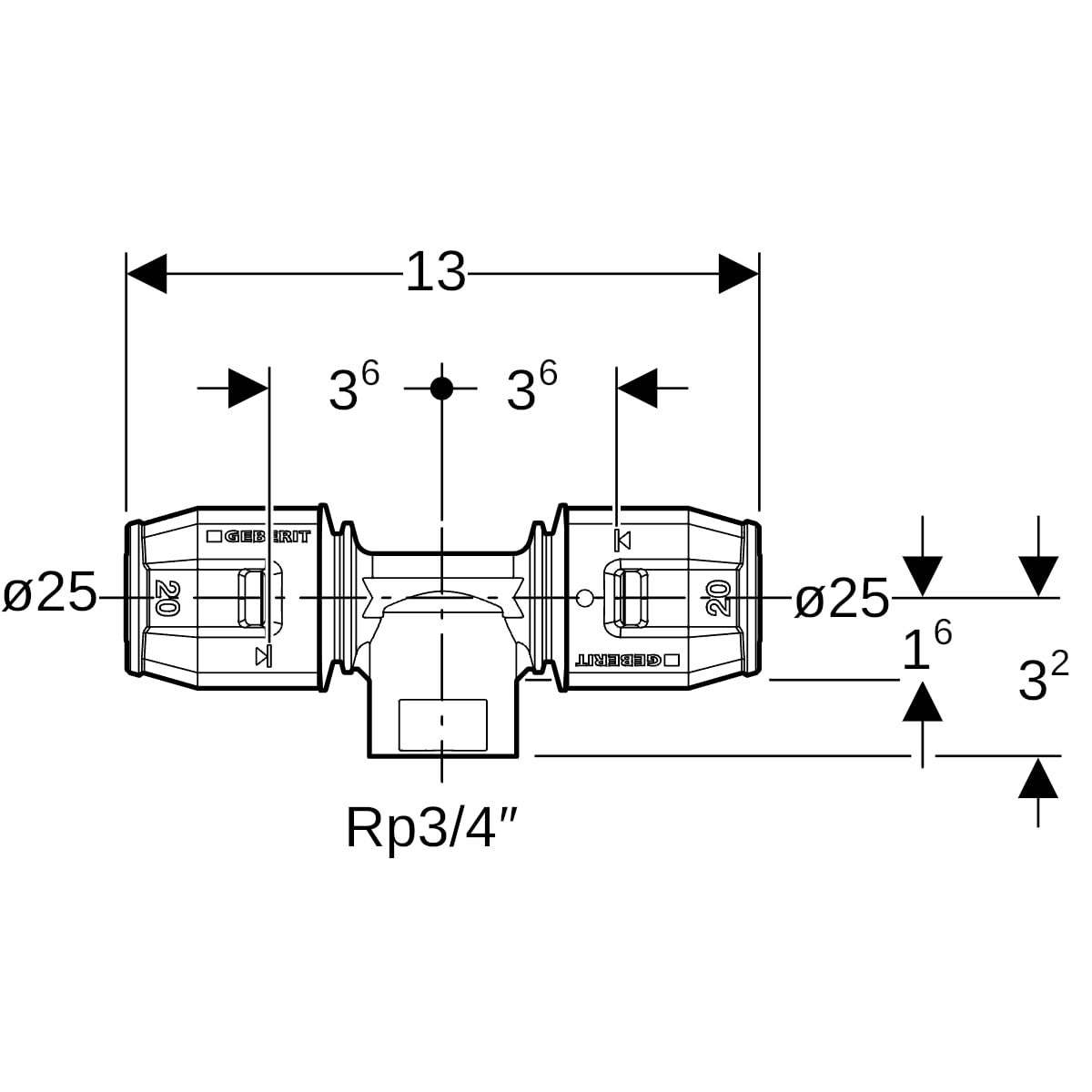 Geberit PushFit T-Stück mit IG Messing d25-Rp3/4-25 652.362.00.1