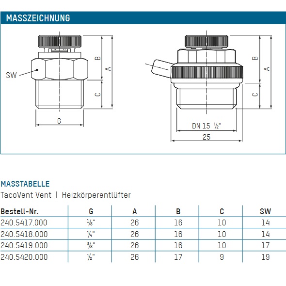 Taconova automatischer Heizkörper-Entlüfter TacoVent 1/2" 240.5420.000