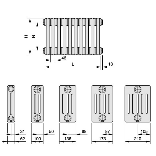Zehnder Anschlussart 7102, wechselseitig oben rechts für Charleston, Anschluss 2-Rohr mit externem Ventil 7102
