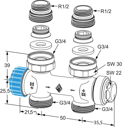 Heimeier Multilux Einrohr Anschlussarmatur Durchgang 1/2" IG 3854-02.000