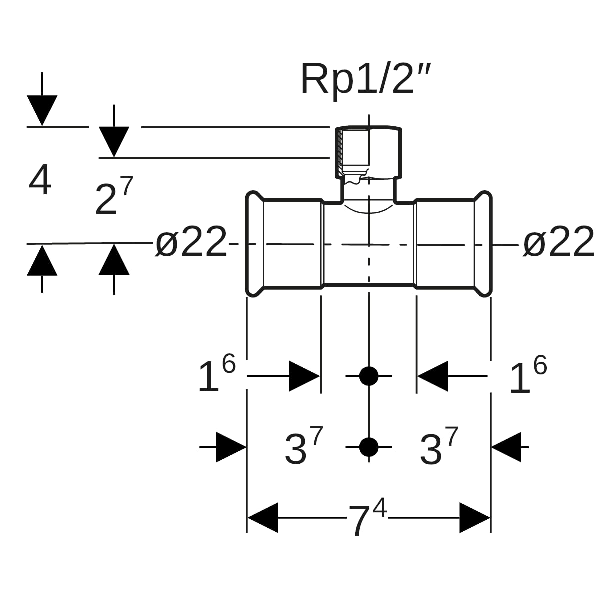 Geberit Mapress C-Stahl T-Stück mit IG d22-Rp1/2-22 verzinkt 21307