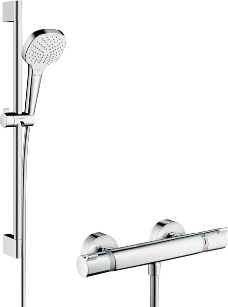 Hansgrohe Brausesystem Aufputz Croma Select E Vario mit Ecostat Comfort Thermostat und Brausestange 650mm, Weiß/Chrom 27081400