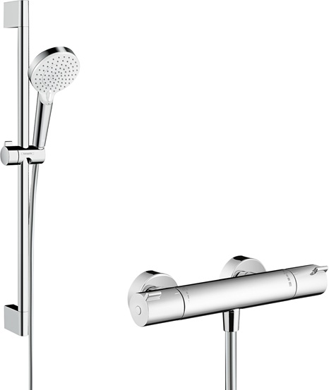 Hansgrohe Crometta Brausesystem Aufputz Vario mit Ecostat 1001 CL Thermostat und Brausestange 650mm, Weiß/Chrom 27812400