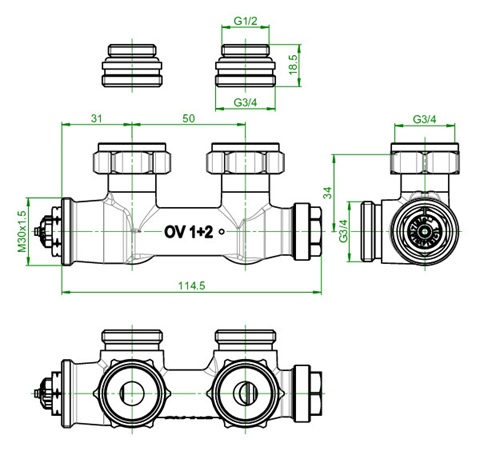 Oventrop Anschlussarmatur "Multiblock T" 1/2"AG x 3/4"AG, 1-und 2-Rohr, Eck 1184034