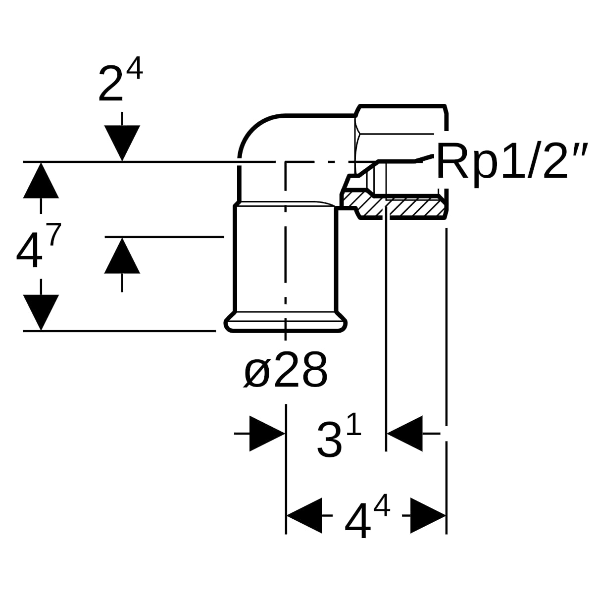 Geberit Mapress C-Stahl Übergangswinkel 90 Grad mit IG d28-Rp1/2 verzinkt 21660