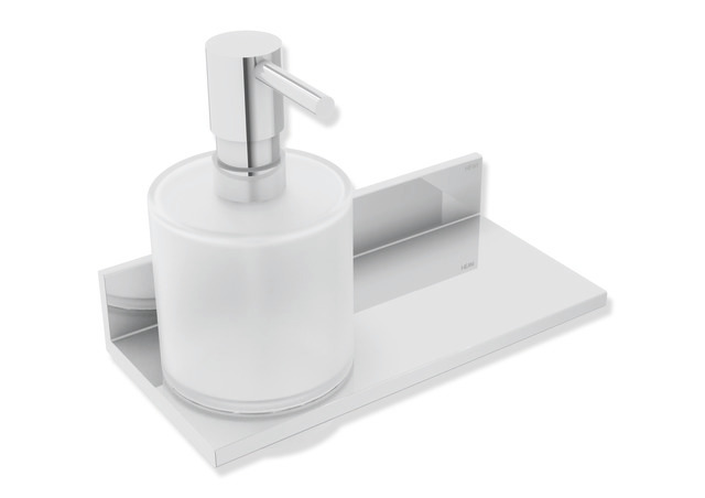 HEWI Ablage mit Seifen-oder Desinfektionsspender, Metall, verchromt, Seifenspender Kristallglas, satiniert, Pumpenkopf verchromt 900Q03.00240