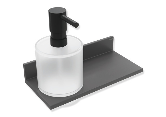 HEWI Ablage mit Seifen-oder Desinfektionsspender, Metall, Seifenspender Kristallglas, satiniert, Pumpenkopf dunkelgrau perlglimmer tiefmatt 900Q03.00260 SC