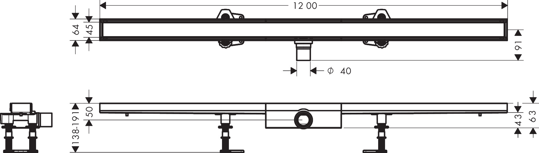 Hansgrohe Komplettset RainDrain Compact 1200mm befliesbar für flache Installation 56173000