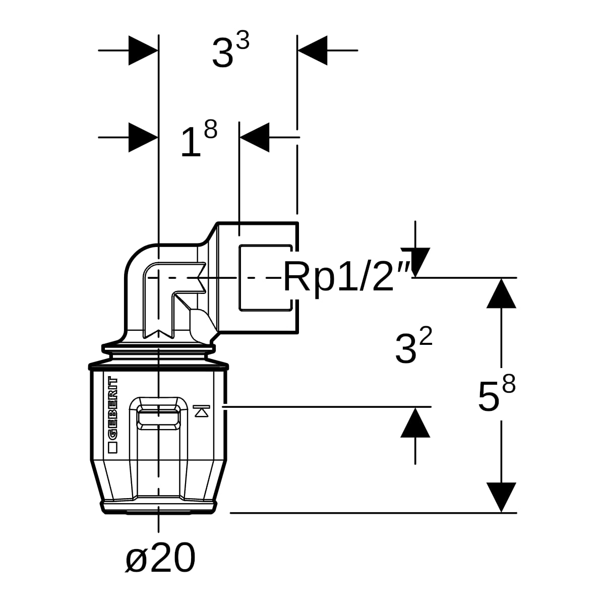 Geberit PushFit Übergangsbogen 90 Grad mit IG Rotguss d20-Rp1/2 651.251.00.1