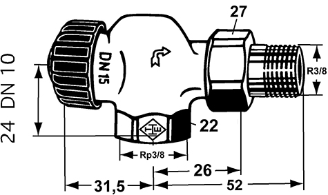 Heimeier Thermostat-Ventilunterteil Axialform, DN10 mit geringem Widerstand 2245-01.000