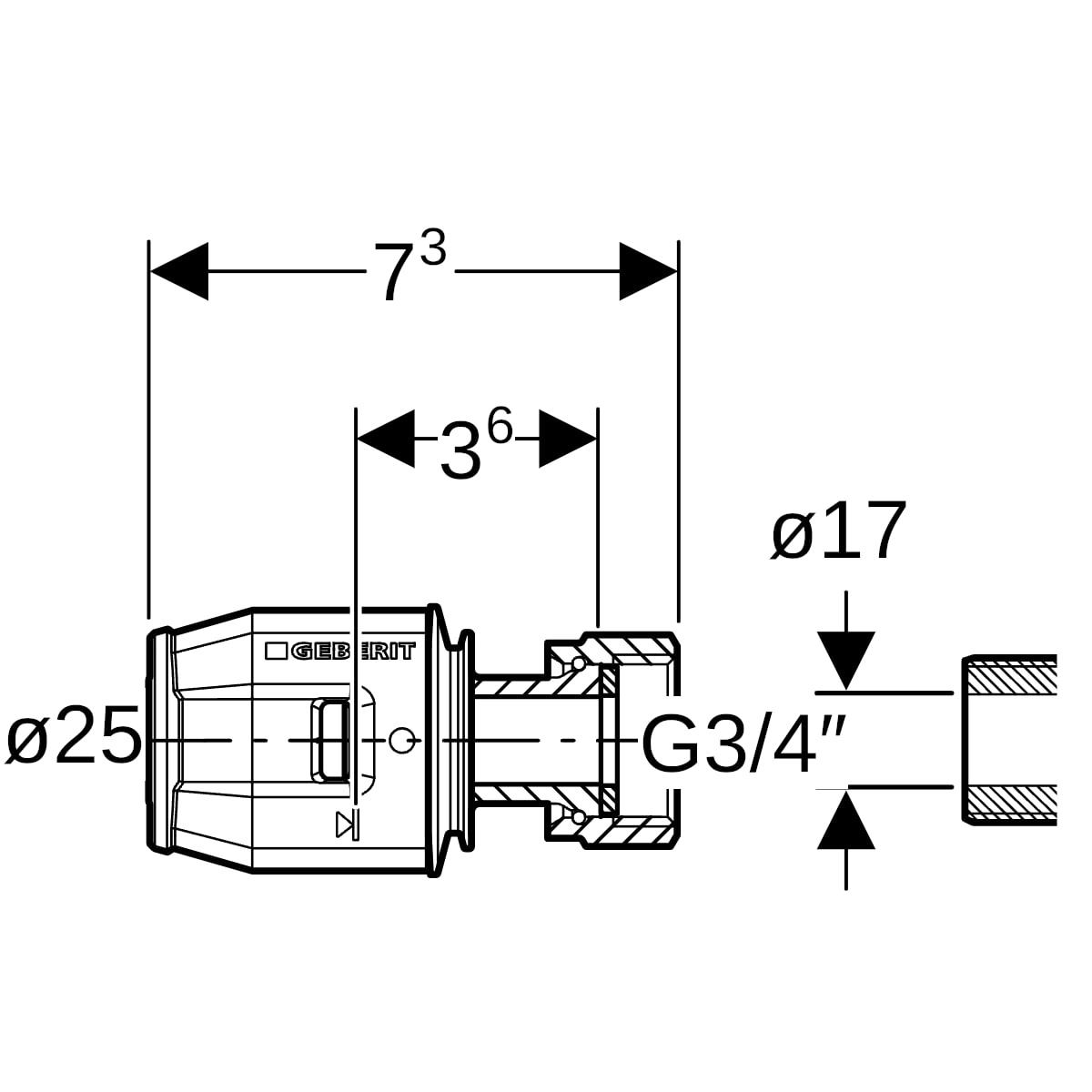 Geberit PushFit Übergang mit Überwurfmutter Rotguss d25-G3/4 652.582.00.1