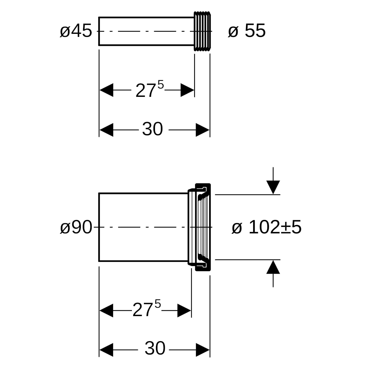 Geberit Anschlussset für Wand-WC d90/45 L:30cm, mattverchromt 152.441.46.1