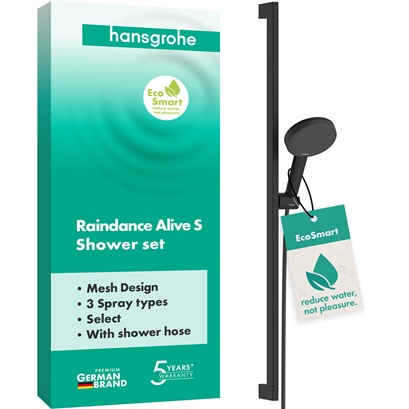 Hansgrohe Brauseset Raindance Alive Select S 125 3jet EcoSmart mit Brausestange Unica E Puro 900mm und Easy Slide Brausehalter, Mattschwarz 24601670