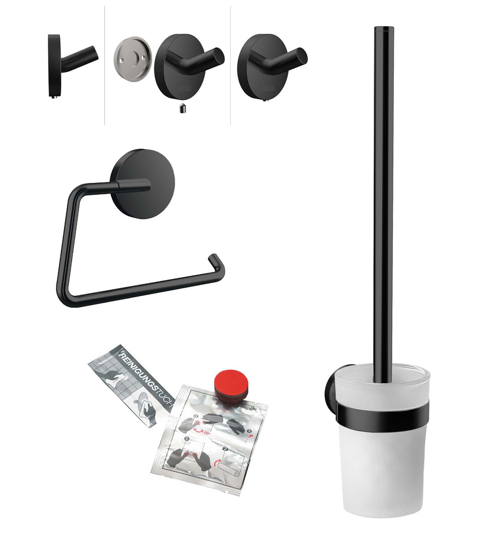 Emco WC-Set Round Papierhalter mit Deckel, Bürstengarnitur und Doppelhaken schwarz 439813300
