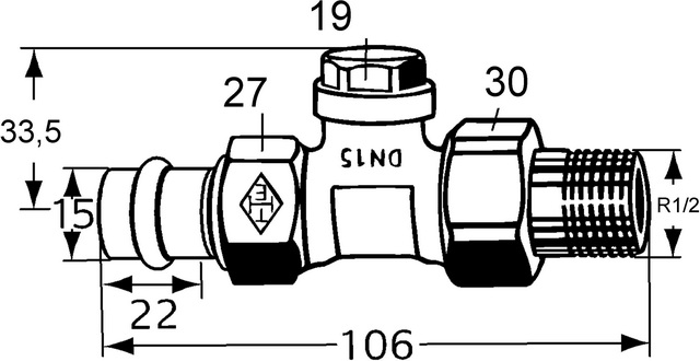 Heimeier Verschraubung Regulux, DN15 Durchgang, Viega Pressanschluss 15mm 0342-15.000