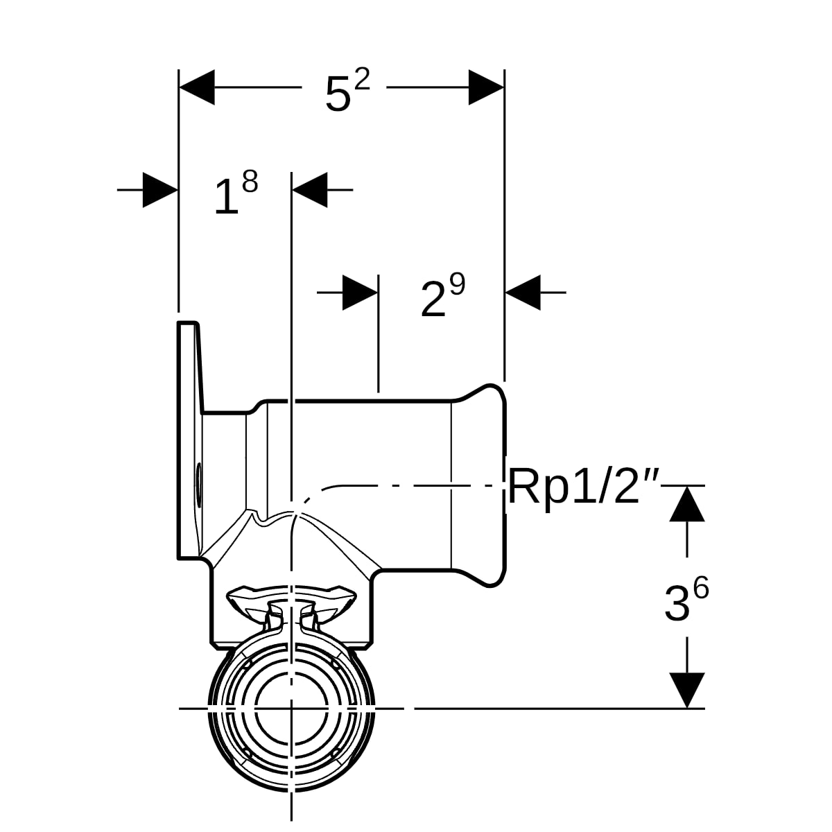 Geberit FlowFit T-Anschlusswinkel 90 Grad abgesetzt Rg+ d20-Rp1/2-d20 L:52mm 620.981.00.1