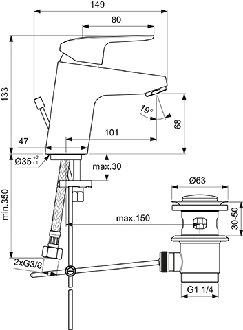 Ideal Standard Ceraflex Waschtischarmatur mit Ablaufgarnitur chrom, Ausladung 101mm, 5 l/min. B1707AA