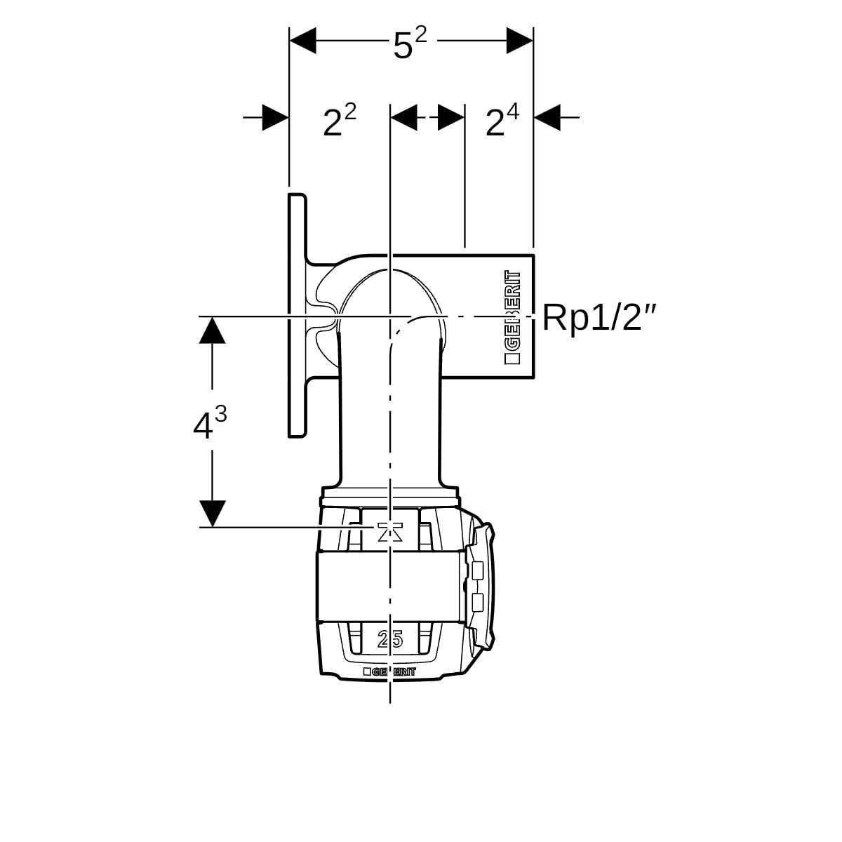 Geberit FlowFit Doppelanschlusswinkel 90 Grad Rg+ d25-Rp1/2-d25 L:52mm 620.852.00.1