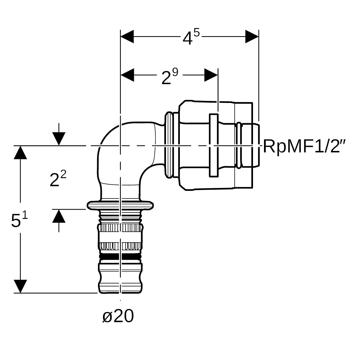 Geberit Mepla Übergangswinkel 90 Grad mit MasterFix PVDF d20-MF20 622.452.00.5