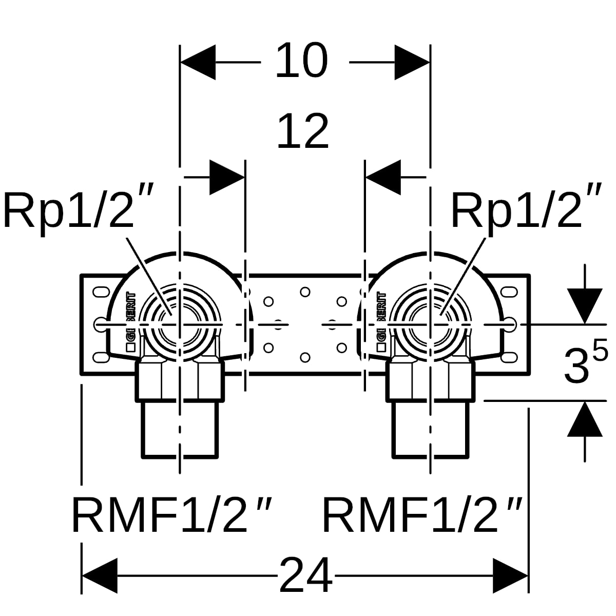 Geberit Anschlusswinkel 90 Grad mit AG MF vormontiert 2fach, Rotguss R1/2-Rp1/2 AD=10cm 632.863.00.2