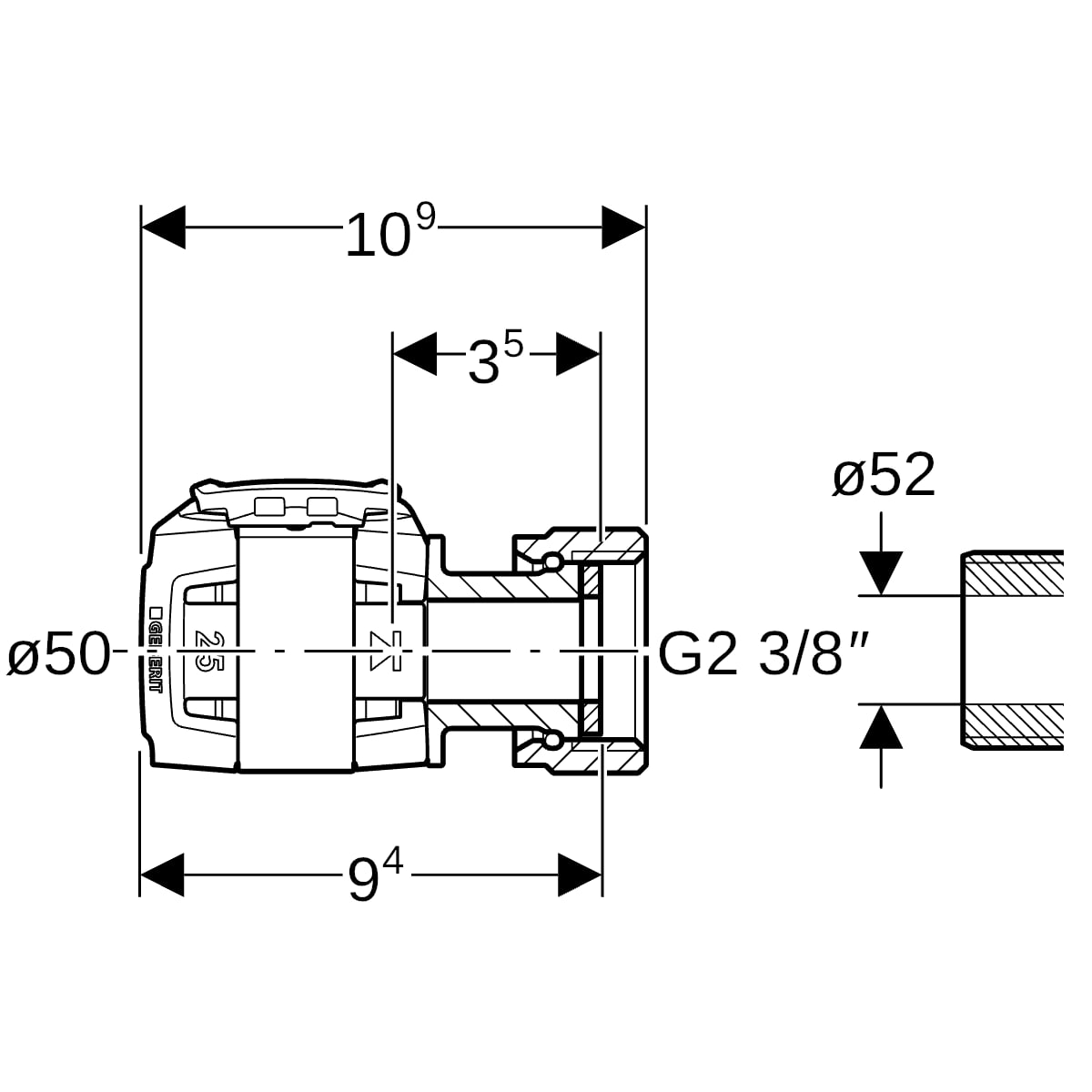 Geberit FlowFit Übergang mit Überwurfmutter SiBr d50-G2 3/8 620.665.00.1