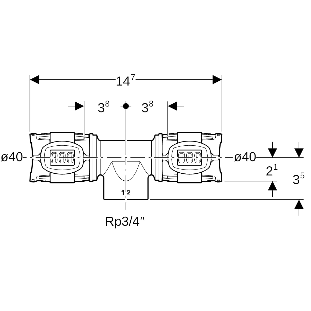Geberit FlowFit T-Stück mit Innengewinde Rg+ d40-Rp3/4-40 620.164.00.1