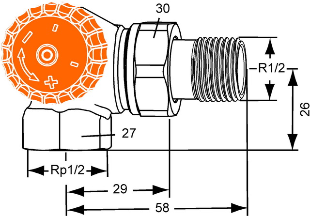 Heimeier Thermostatventil Eclipse, Winkeleck/links, DN15 1/2", automatische Durchflussregelung 3933-02.000