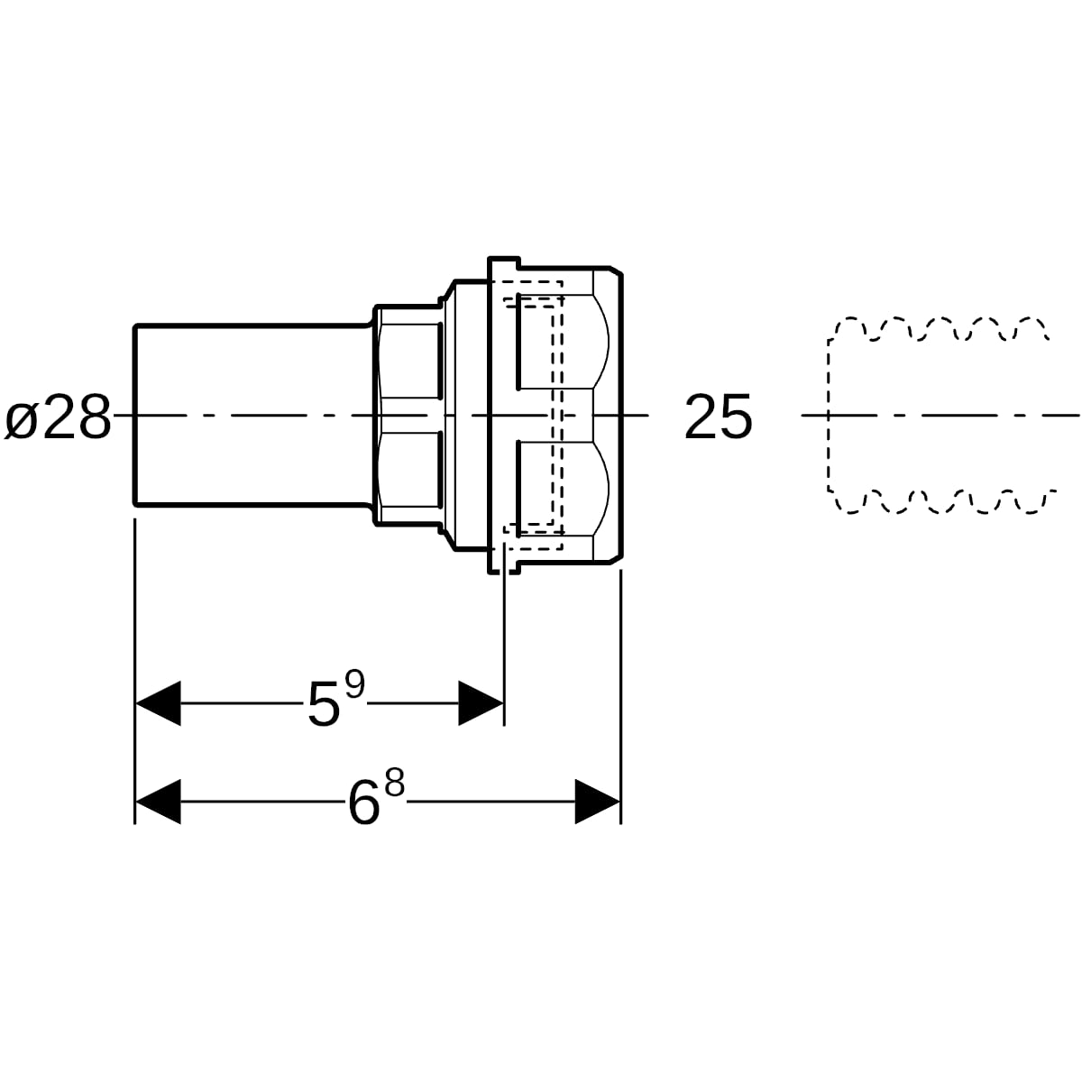 Geberit Mapress Übergang mit Klemmringverschraubung für Wellrohre NPW Ms d28-DN25 22444