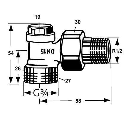 Heimeier Regulux Verschraubung 3/4'' Eck, AG DN20, mit Entleerung 0361-02.000