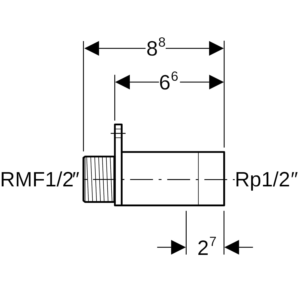 Geberit Anschluss gerade mit AG MF Rotguss R1/2-Rp1/2 L:66mm 602.269.00.1