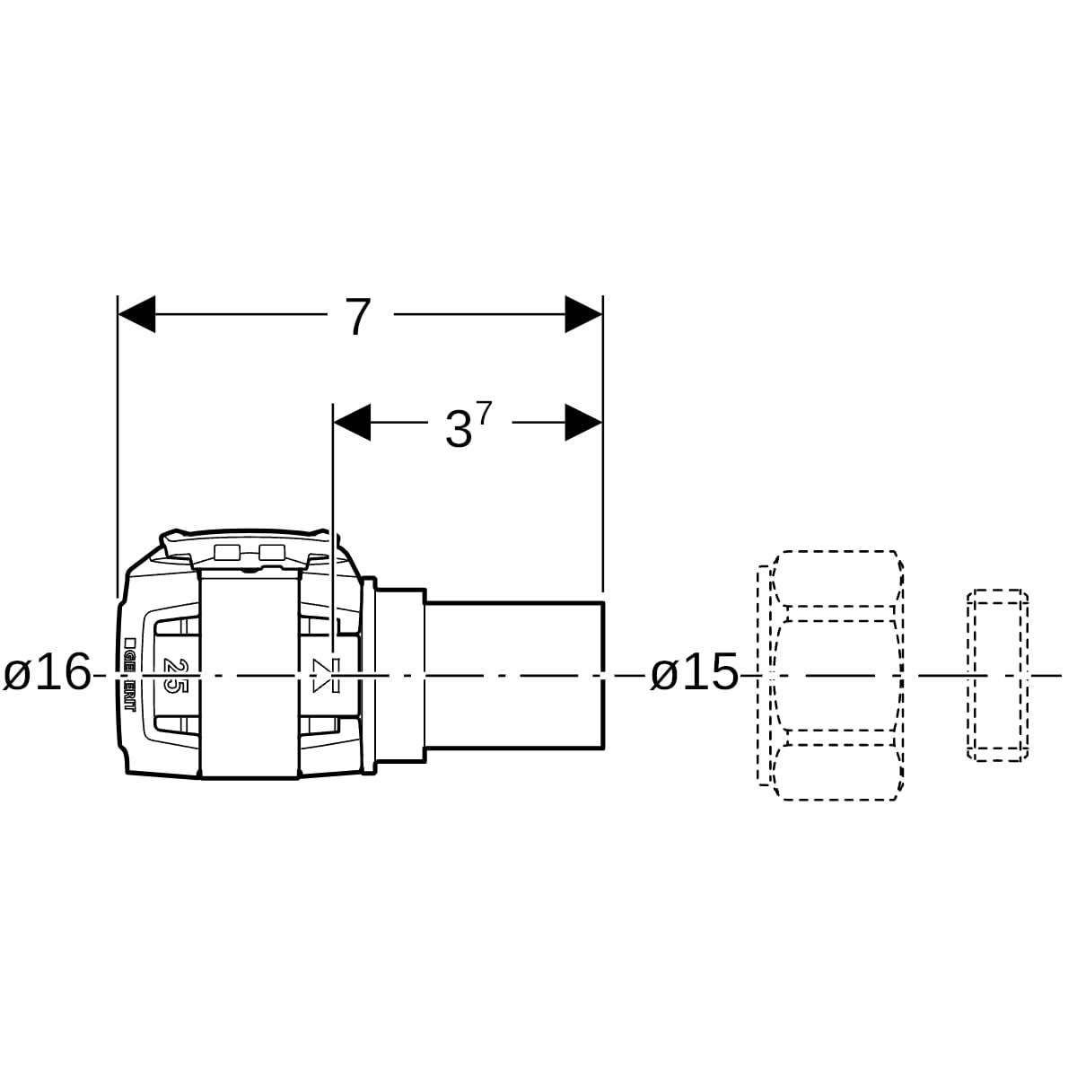 Geberit FlowFit Übergang auf Kupferrohr Klemmringverschraubung. SiBr/Cu d16-15 620.720.00.1