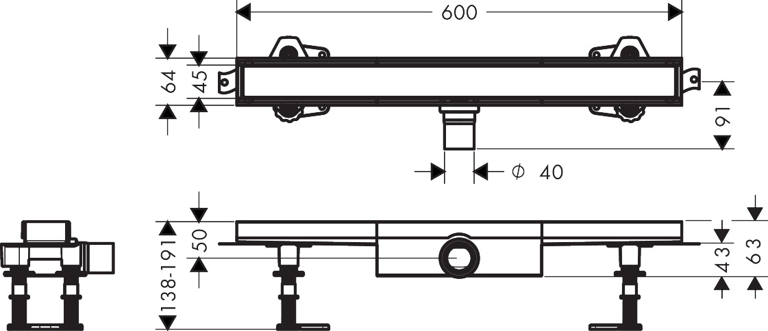 Hansgrohe Komplettset RainDrain Compact 600mm befliesbar für flache Installation 56163000