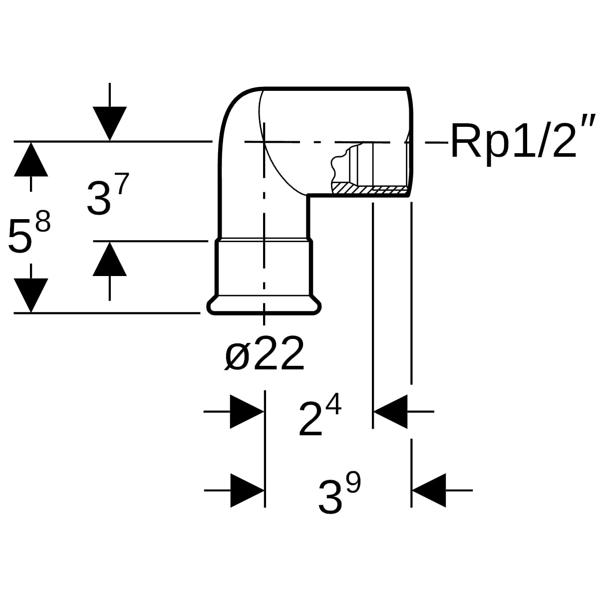 Geberit Mapress Edelstahl Übergangswinkel 90 Grad mit IG d22-Rp1/2 33808