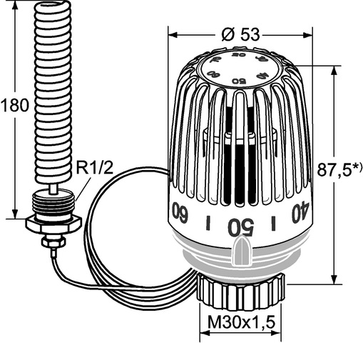 Heimeier Thermostat-Kopf K mit Wendel-Tauchfühler 20-70 Grad C 6672-00.500