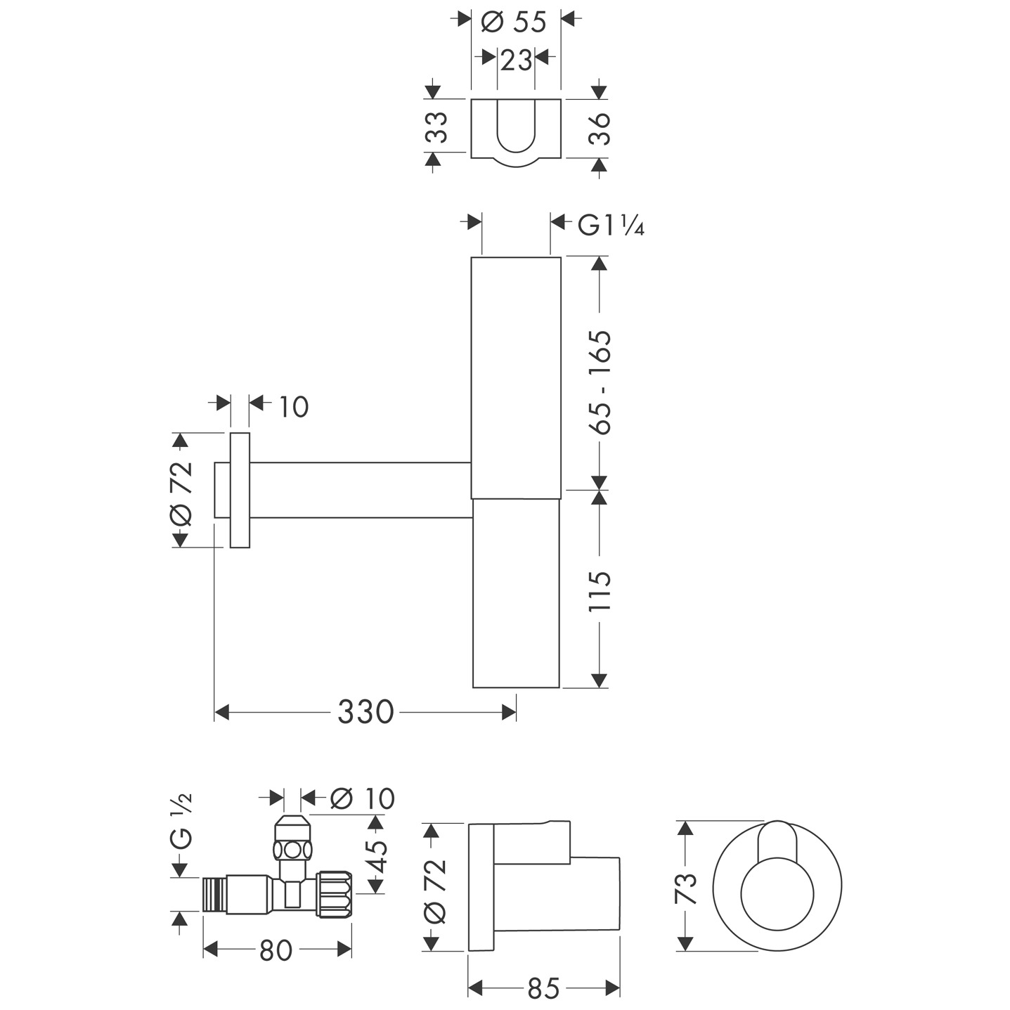 Hansgrohe Designsiphon Flowstar komplett chrom mit zwei Eckventilen und Schubern 52120000