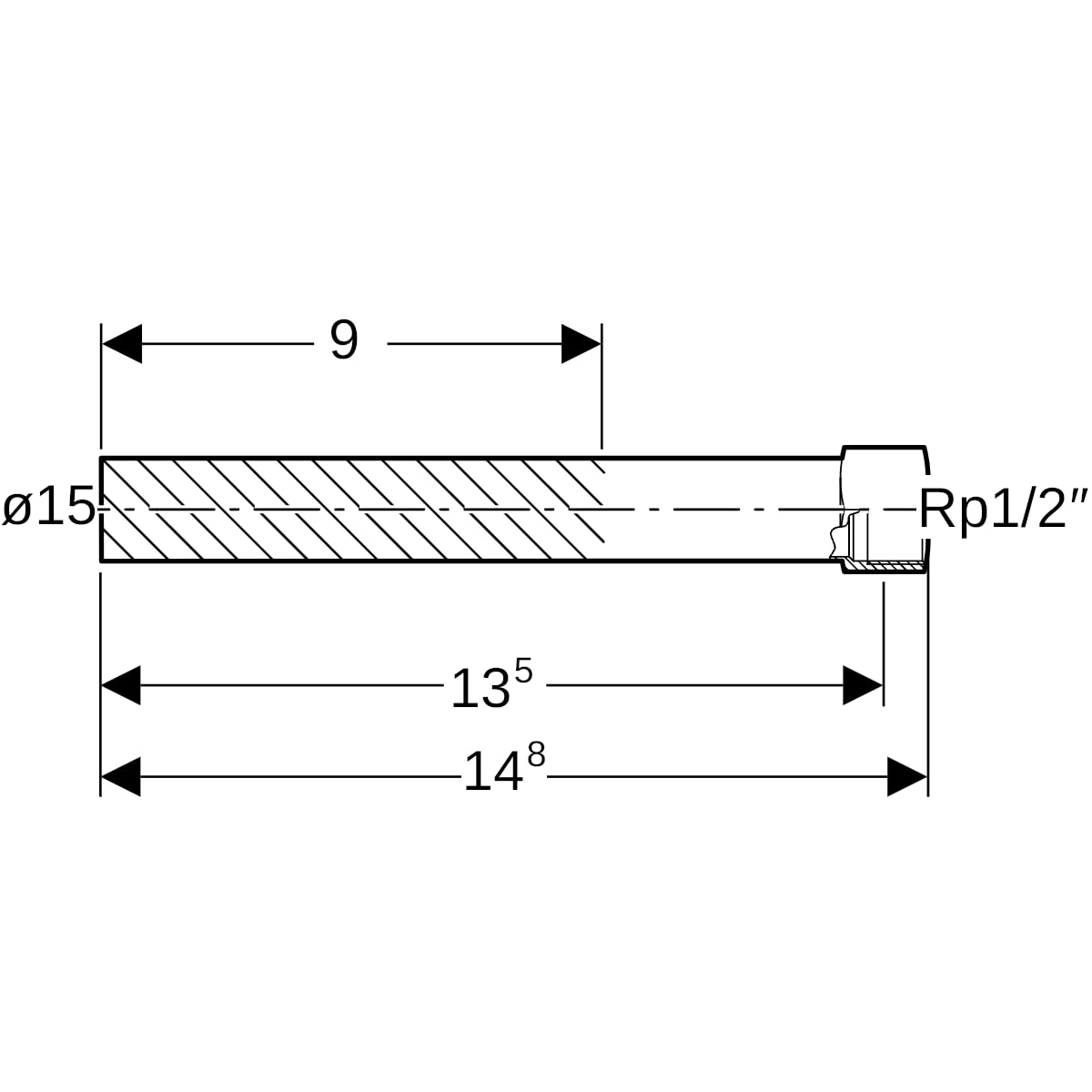 Geberit Mapress Edelstahl Übergang mit IG und Einschubende lang d15-Rp1/2 90932