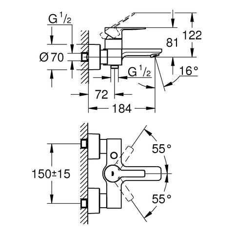 Grohe Lineare Einhand-Wannenbatterie supersteel Wandmontage 33849DC1