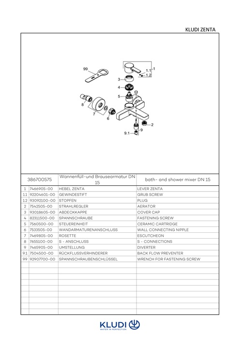 Kludi ZENTA Wannen-Einhandmischer DN15 eigensicher chrom 386700575