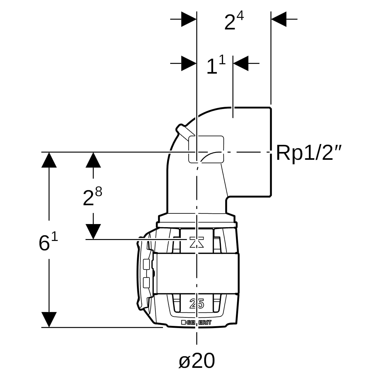 Geberit FlowFit Übergangsbogen 90 Grad mit IG Rg+ 90 Grad d20-Rp1/2 620.541.00.1