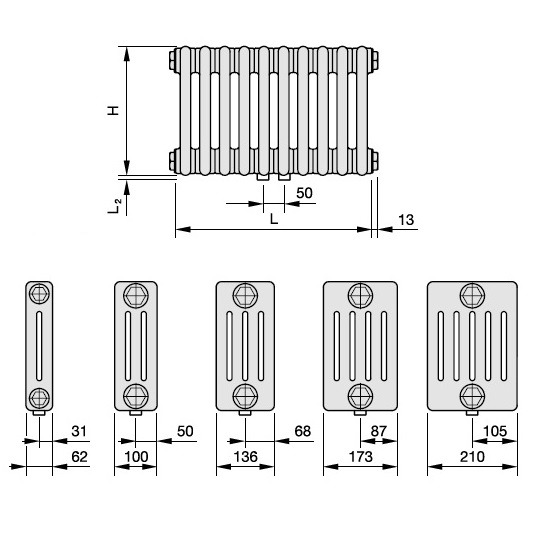Zehnder Anschlussart 5410, unten mitte rechts für Charleston, Anschluss 2-Rohr mit externem Ventil 5410