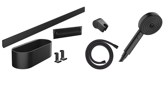 Hansgrohe WallStoris Bundle Handbrause 105 3jet Activation EcoSmart, Wandstange 700mm und Accessoireset, Mattschwarz 24291670