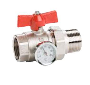 Taconova Kugelhahn Ni 1"IGx1"AG/Thermometer/Hebel rot zu Tacosys Verteiler 296.8659.001T