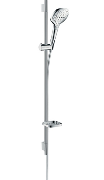 Hansgrohe Brauseset Raindance Select E 120 3jet mit Brausestange 900mm und Seifenschale, Weiß/Chrom 26621400