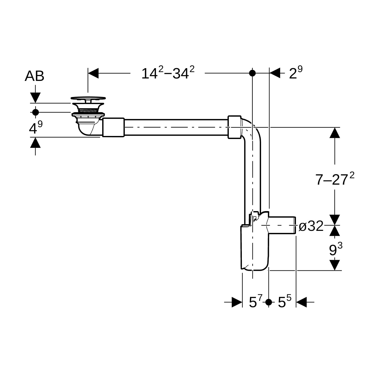 Geberit Waschtisch Ablauf, Raumsparmodell, DN32 mit freiem Auslauf, Ventilabdeckung weiß 152.089.01.1