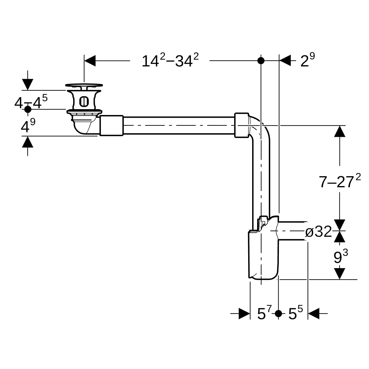 Geberit Waschtisch Ablauf d32/40 Raumsparmodell mit freiem Auslauf, Ventilabdeckung glanzverchromt 152.091.21.1