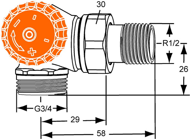 Heimeier Thermostatventil Eclipse, Winkeleck/links, Außengewinde G3/4 automatische Durchflussregelung 3938-02.000