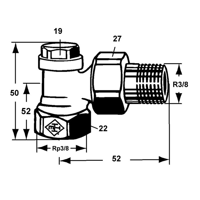 Heimeier Regulux Verschraubung 3/8" Eck DN10, mit Entleerung 0351-01.000