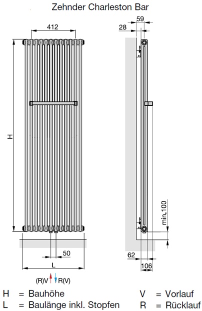 Zehnder Charleston CPV2180-16 Badheizkörper H: 179,2 B: 76,1cm, mit Handtuchhalter, weiß ZCA24416B115000