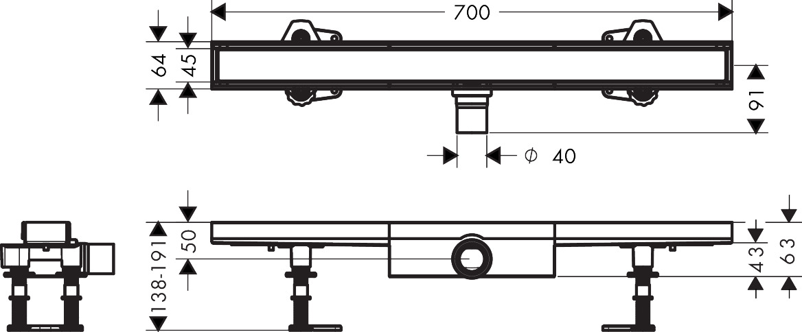 Hansgrohe Komplettset RainDrain Compact 700mm befliesbar für flache Installation 56165000