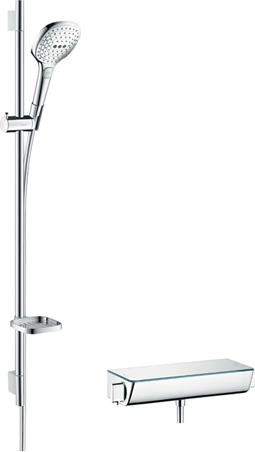 Hansgrohe Brausesystem Aufputz Raindance Select E 120 3jet mit Ecostat Select Thermostat und Brausestange 900mm, Weiß/Chrom 27039400